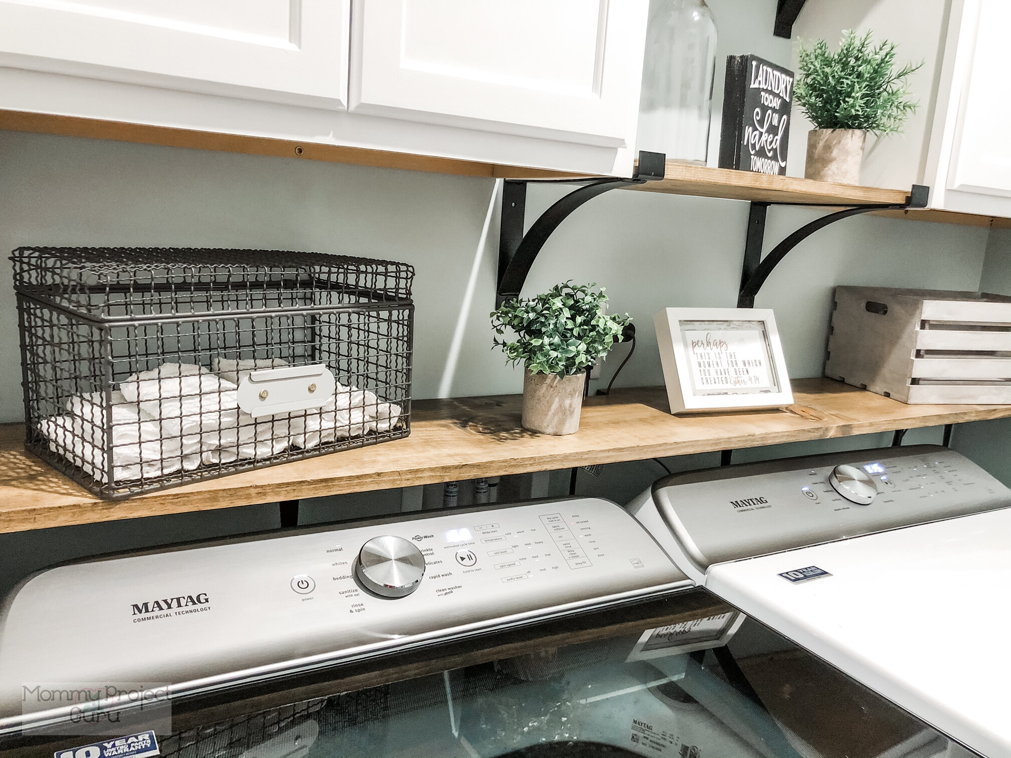 Wooden shelf above washer and dryer example 1